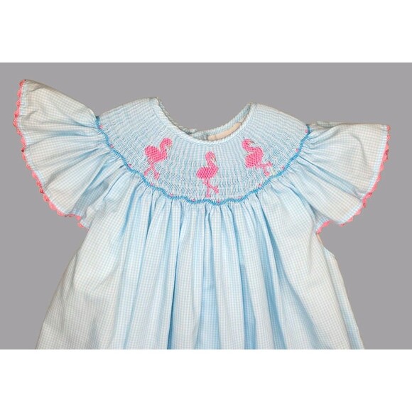 Two Scoops Girls Smocked Bishop Dress Size 6 Blue Gingham Flamingo Embroidered - Picture 2 of 9